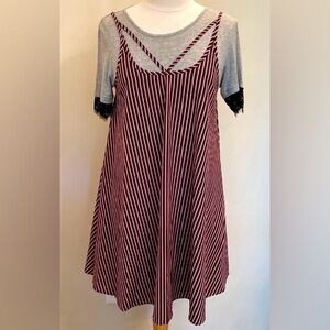 Hem & Thread Red Striped Grey Black Lace Short Sleeve Swing Mini Dress Size L